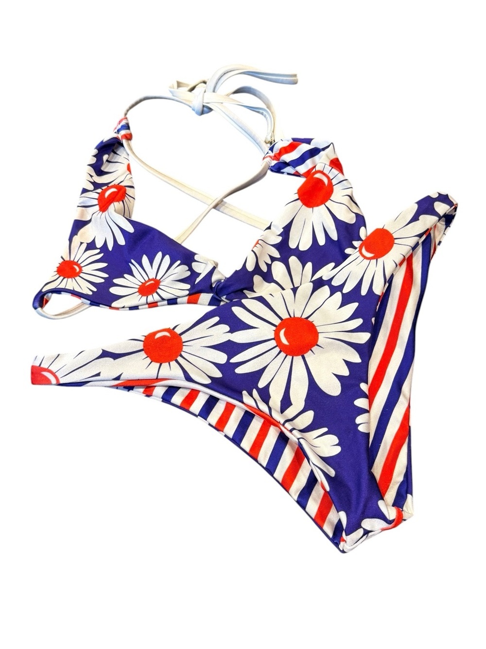 Wildfox Daisy Print Reversible Bikini Set Red White Blue Small